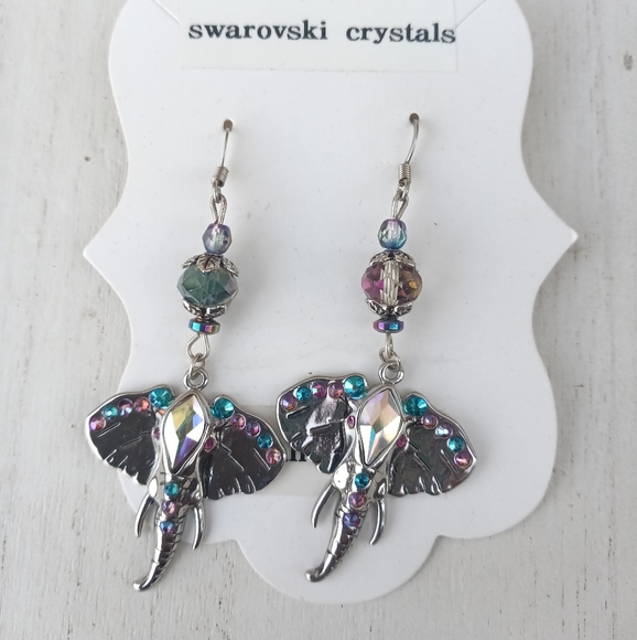 HP Elephant Metal Drop Earrings, With Real Crystals - Picture 7 of 7